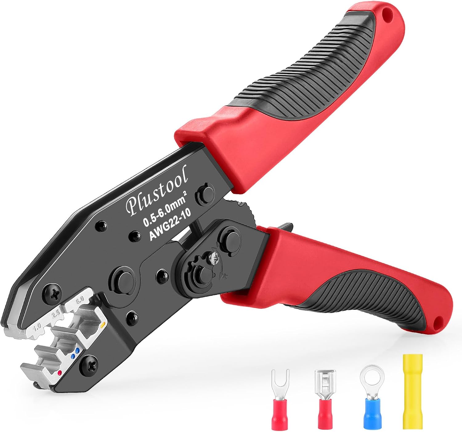 Plustool Herramienta de Engarzado para Conectores Eléctricos Aislados AWG 22-10 - Engarzadora de Terminales de Cable con Trinquete - Alicates de Engarzado - Herramienta de Engarzado Eléctrico